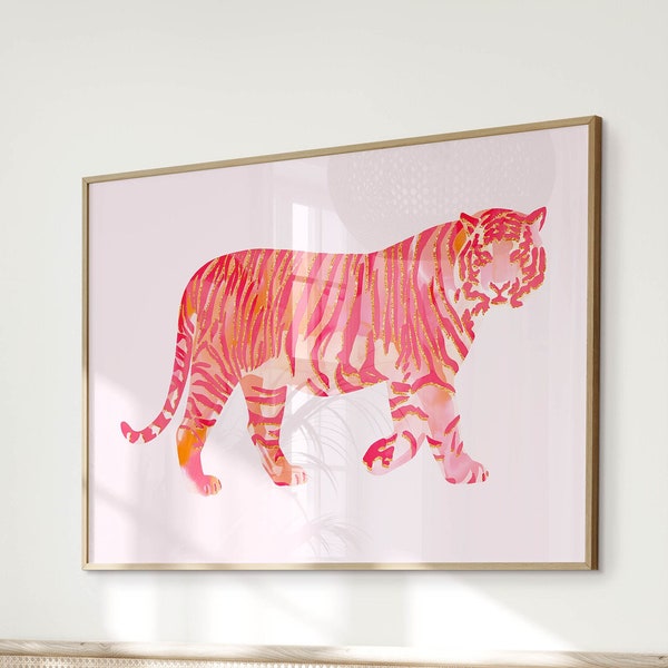 tiger painting animal print pink and orange wall art preppy dorm room decor aesthetic poster, horizontal maximalist wall art dopamine decor