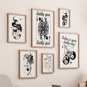 lucky girl syndrome black and white art funky gallery wall art set, y2k aesthetic poster living room decor retro art print bar cart art