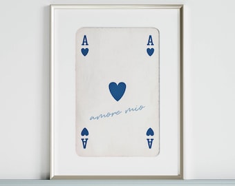 ace of hearts blue wall art print above bed decor, retro funky art print coastal bathroom wall art, college apartment decor aesthetic poster