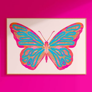 butterfly wall art preppy prints colorful room decor, pink wall art gifts for teen girls room decor, horizontal wall art above bed decor