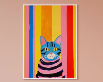 May include: A framed painting of a blue cat wearing a pink and black striped sweater. The cat is standing in front of a background of vertical stripes in pink, blue, yellow, and red.