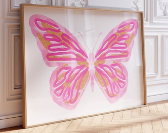 pink wall art trendy apartment decor butterfly poster, y2k aesthetic poster pink room decor, preppy wall art print dorm room decor aesthetic