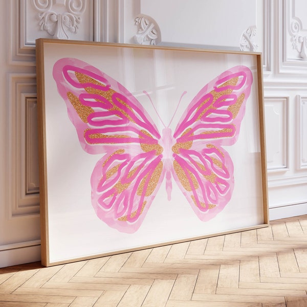 pink wall art trendy apartment decor butterfly poster, y2k aesthetic poster pink room decor, preppy wall art print dorm room decor aesthetic