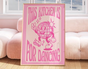 funny kitchen decor preppy wall art, pink wall art trendy apartment decor, pink poster disco ball decor, retro wall art print funky decor