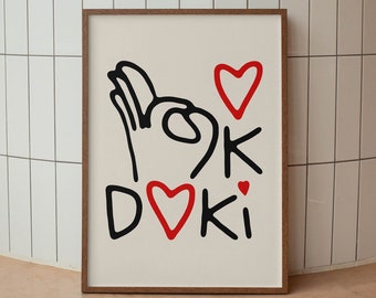 oki doki doodle retro wall art, funny wall art trendy print, retro aesthetic wall art dorm room decor, living room wall art apartment decor