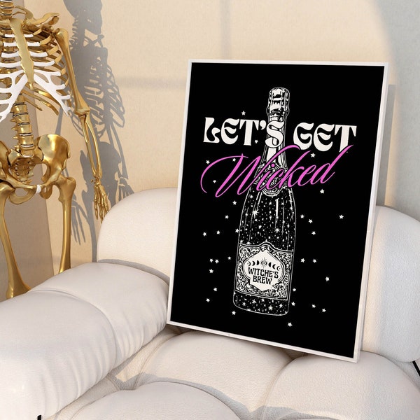 girly preppy halloween bar cart art sign witchy halloween wall decor, pink halloween decor art prints, printable halloween witchy wall art