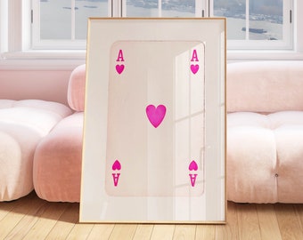 ace of hearts retro wall art pink poster print preppy room decor, trendy wall art print new apartment living room poster and print aesthetic