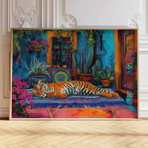 May include: A colorful painting of a tiger sleeping on a rug in a room with a blue wall and a window. The tiger is orange and black with white stripes. The rug is red, blue, and green. The room is decorated with plants and flowers.