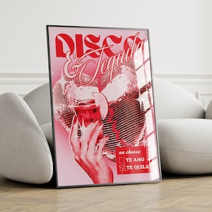 różowa sztuka ścienna modny dyskotekowy nadruk y2k dekoracja pokoju, dyskotekowa kula modna sztuka funky dekoracja domu, dekoracja pokoju w akademiku plakat z alkoholem bar wózek dekoracyjny