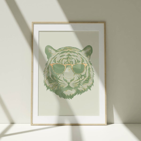 sage green wall art trendy apartment decor funky aesthetic poster, tiger wall art funky home decor, college wall art green bedroom decor
