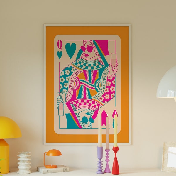 queen of hearrts maximalist home bar cart art print dopamine decor funky art prints, hot pink art print maximalist poster preppy dorm decor