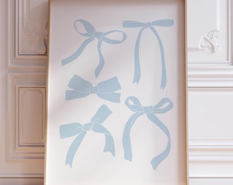 blue bow wall art baby girl nursery decor, light blue wall art coastal cowgirl print blue wall decor, trendy wall art blue prints for dorm