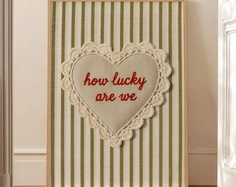 how lucky are we quote wall art lace heart decor, retro wall art red striped print coquette decor, valentines day wall art aesthetic decor 5