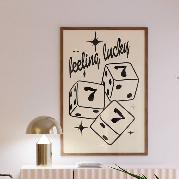 lucky seven dice lucky you poster retro wall art trendy downtown girl college apartment decor, neutral wall art bar cart prints funky decor