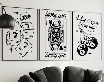lucky girl syndrome black and white art college apartment decor 3 piece wall art, funky triptych wall art retro y2k art print bar cart decor