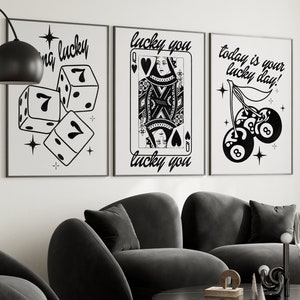 lucky girl syndrome black and white art college apartment decor 3 piece wall art, funky triptych wall art retro y2k art print bar cart decor
