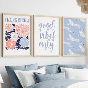 rosa claro azul marinho arte de parede formal faculdade apartamento decoração de sala de estar tríptico estético 3 peças arte de parede decoração de quarto de dormitório formal para adolescente