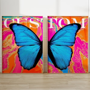 custom split butterfly preppy wall art cute apartment decor, maximalist wall art preppy dorm decor, y2k posters aesthetic maximalist decor