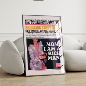 Mom I Am A Rich Man Newspaper Headline Poster, college apartment decor funky wall art, y2k preppy room decor groovy poster bar cart wall art