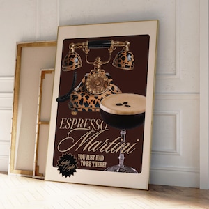 Espresso martini print cocktail wall art leopard poster bar cart decor, retro 90s art print chic cheetah wall art college apartment decor