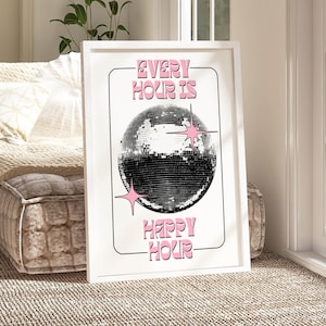 Happy Hour Barwagen Schild Disco Kunstdruck funky Dekor, Retro Wanddeko Discokugel Dekor, y2k Retro funky Wandkunst, ästhetisches Raumdekor