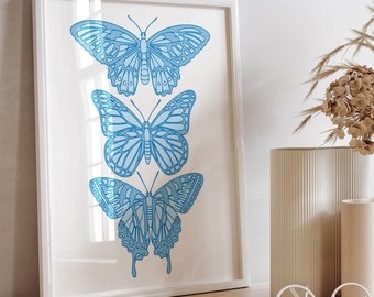 butterfly wall art y2k poster preppy dorm decor, blue preppy aesthetic wall art teen room decor, blue wall art print nursery wall decor girl