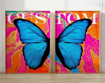 custom split butterfly preppy wall art cute apartment decor, maximalist wall art preppy dorm decor, y2k posters aesthetic maximalist decor