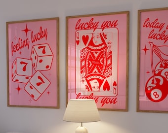 conjunto de pared de galería de casino de arte de pared de 3 piezas, arte de carro de bar de corazones de la suerte, cartel mágico de cereza de 8 bolas, decoración de habitación de coqueta arte femenino