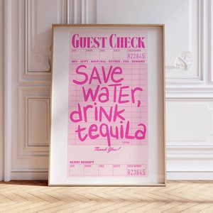 oszczędzaj wodę pij tequilę gość sprawdzaj sztukę ścienną, retro sztuka ścienna różowy wystrój pokoju estetyczna różowa sztuka ścienna modna sztuka sprawdzania gości wystrój wózka barowego