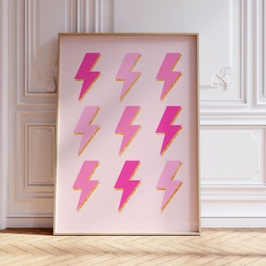 lightning bolts preppy wall art trendy girls room decor, trendy wall art preppy room decor aesthetic poster, pink wall art dorm room decor