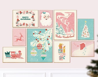 pink christmas decor gallery wall prints, holiday decor gallery wall art set, retro christmas vibes eclectic wall art christmas printables
