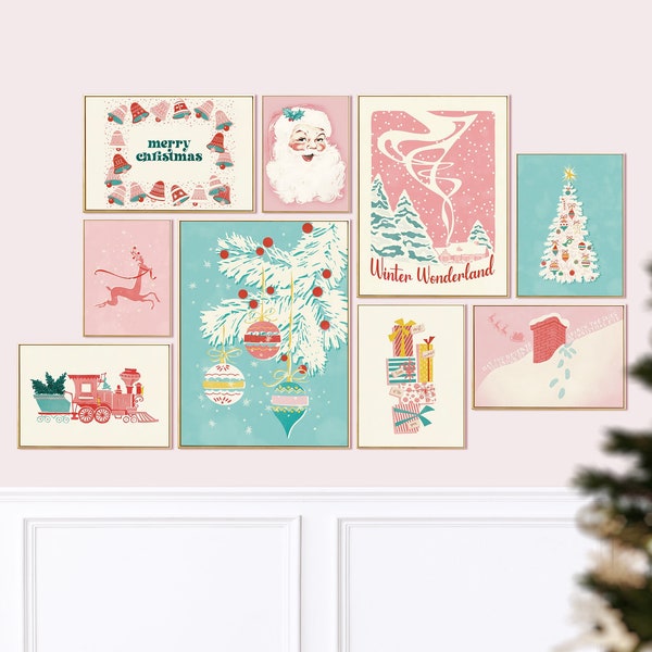 pink christmas decor gallery wall prints, holiday decor gallery wall art set, retro christmas vibes eclectic wall art christmas printables