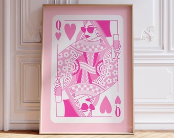 queen of hearts pink wall art trendy apartment decor bar cart print, champagne wall art pink room decor, retro wall art coquette room decor