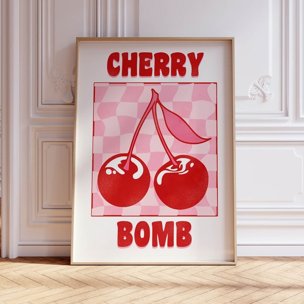 cherry poster femme aesthetic coquette room decor aesthetic poster, trendy wall art apartment decor funky pink wall art trendy kitchen decor