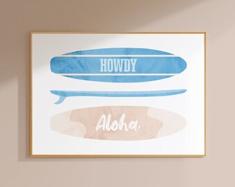 coastal cowgirl poster beachy surf decor, blue wall art print coastal granddaughter aesthetic neutral wall art print college apartment deocr