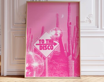 retro wall art disco print pink decor, disco ball funky home decor, trendy wall art apartment decor, trendy art dorm room decor aesthetic
