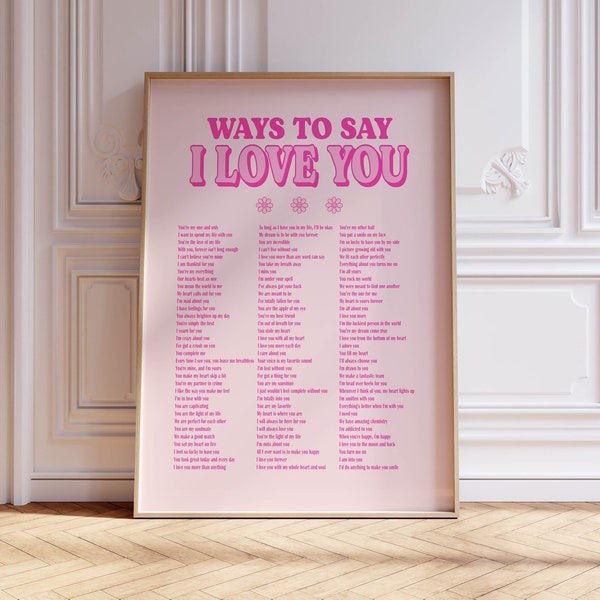 ways to say I love you typography print preppy room decor, quote inspirational pink wall art cute home decor, bedroom wall art pink decor