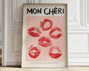 kiss lips aesthetic poster wall art trendy bedroom decor, trendy art print coquette room decor, trendy retro wall art living room poster