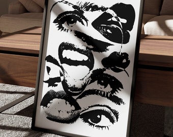 black and white art 70s style poster aesthetic room decor, retro funky wall art quirky home decor, large neutral wall art apartment decor