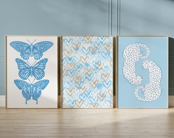 Stampa artistica da parete blu in 3 pezzi, arredamento per la camera degli adolescenti, trittico da parete, arte retrò, stampa poster, arte estetica preppy blu, arredamento per dormitorio preppy