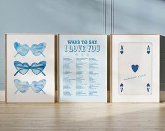 arte murale estetica preppy blu, arredamento preppy per dormitorio, stampa artistica da parete blu in 3 pezzi, arredamento per cameretta per adolescenti, trittico da parete, stampa artistica retrò, poster