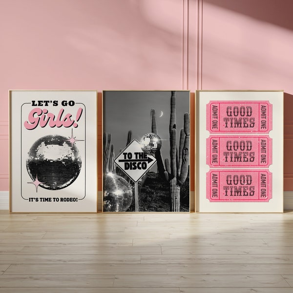 cowgirl western art funky triptych wall art bachelorette decor, 3 piece wall art western decor retro disco art print dorm decor bar cart art