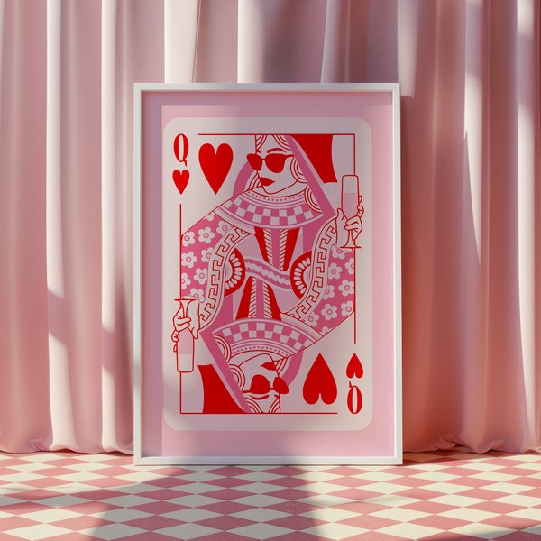 Queen of Hearts Playing Card Poster bar cart decor girly wall art, preppy y2k room decor aesthetic poster trendy wall art funky dorm decor