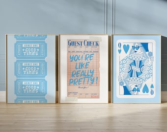 arte della parete estetica preppy blu arredamento dormitorio preppy, stampa artistica da parete blu in 3 pezzi arredamento della camera per adolescenti, trittico arte della parete stampa artistica retrò carrello bar