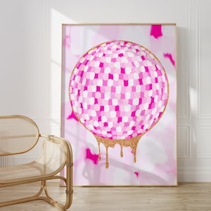 disco ball preppy painting girly wall art disco ball decor, maximalist dorm decor bar cart art, preppy teen girl room decor disco ball art