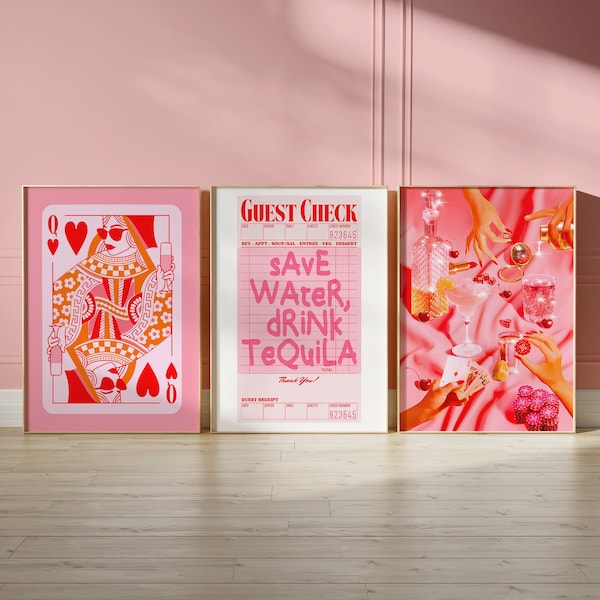 trendy wall art bar cart decor, pink 3 piece wall art bar cart prints funky decor, retro triptych wall art prints trendy maximalist decor