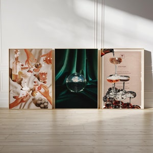 trendy retro wall art print bar cart decor 3 piece wall art funky wall decor, maximalist triptych wall art college apartment decor aesthetic