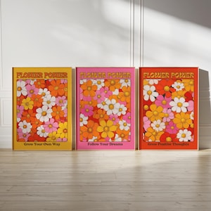 conjunto de estampado floral de 3 arte de pared decoración retro de carteles de los años 70, arte de pared inspirador decoración del hogar funky, conjunto de arte de pared boho hippie de 3 decoración de dopamina