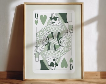 queen of hearts sage green wall art cool room decor aesthetic, trendy wall art green bedroom decor, office wall art trendy cute home decor