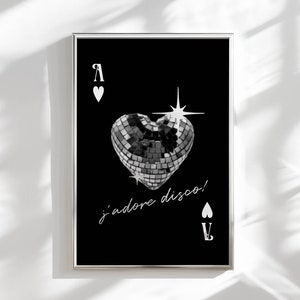 poster artistico da parete con palla da discoteca, carte da gioco, arredamento da parete retrò alla moda per dormitorio, poster estetico con stampa da parete funky, arredamento con palla da discoteca
